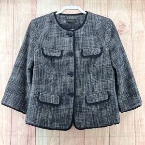 Talbots Women's Tweed Blazer Jacket Navy Blue White Trim Pockets‎ Sz 10/12